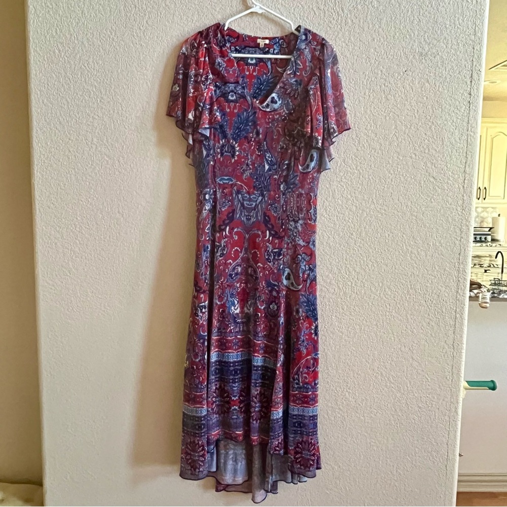 Reba Sz M Red White Blue Soft Mesh Paisley‎ Flutter Sleeve Maxi Midi Slip Dress
